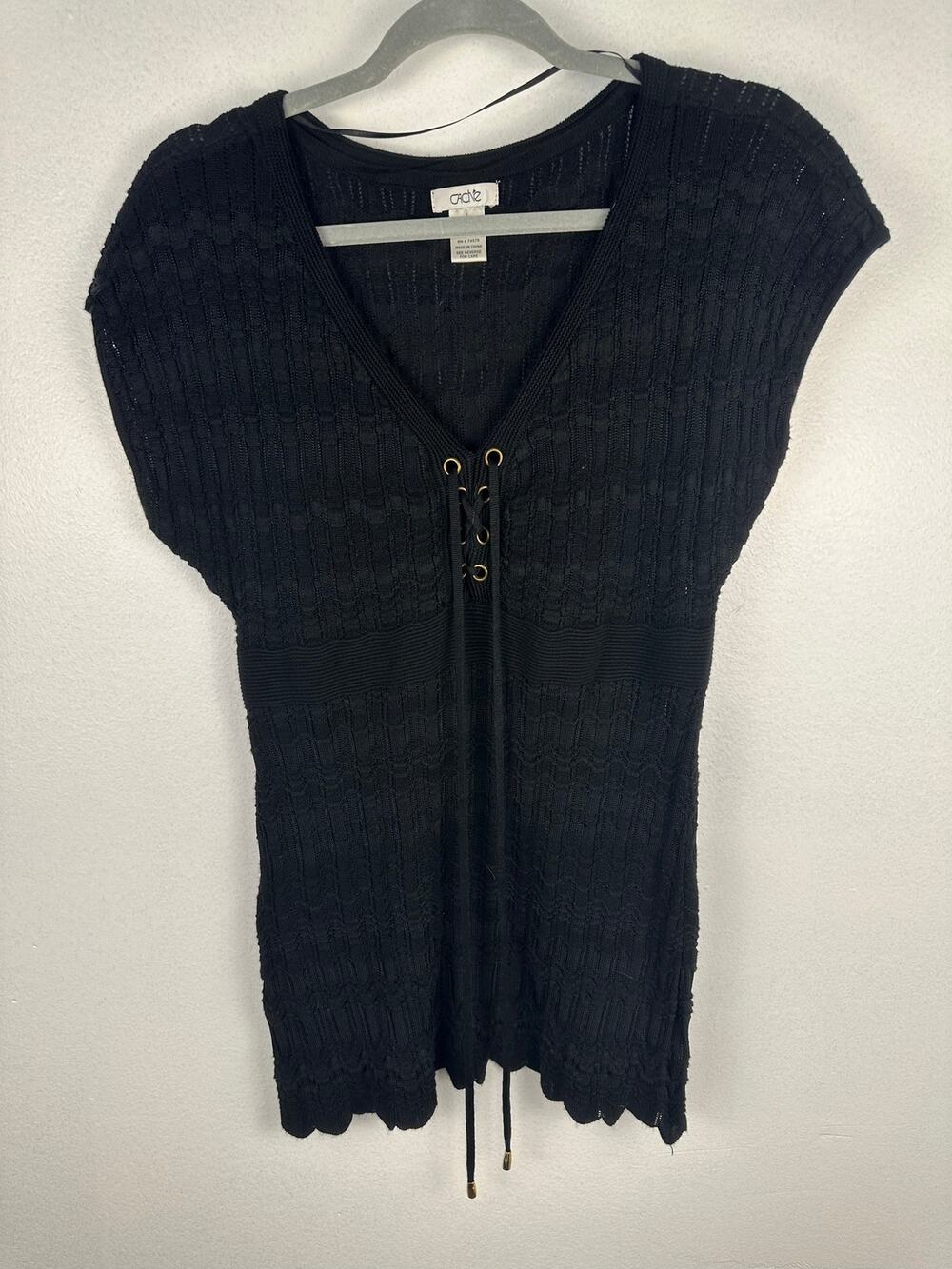 Caché black textured, open-stitch knit tunic top/short dress lace-up small